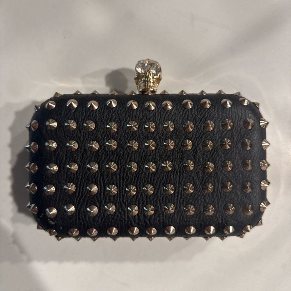 Black Studded Clutch with Skull Charm & Gold Hardware